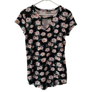 Joe Boxer Womens Pullover Stretch Short Cap Sleeve Top Black Daisy Sz M